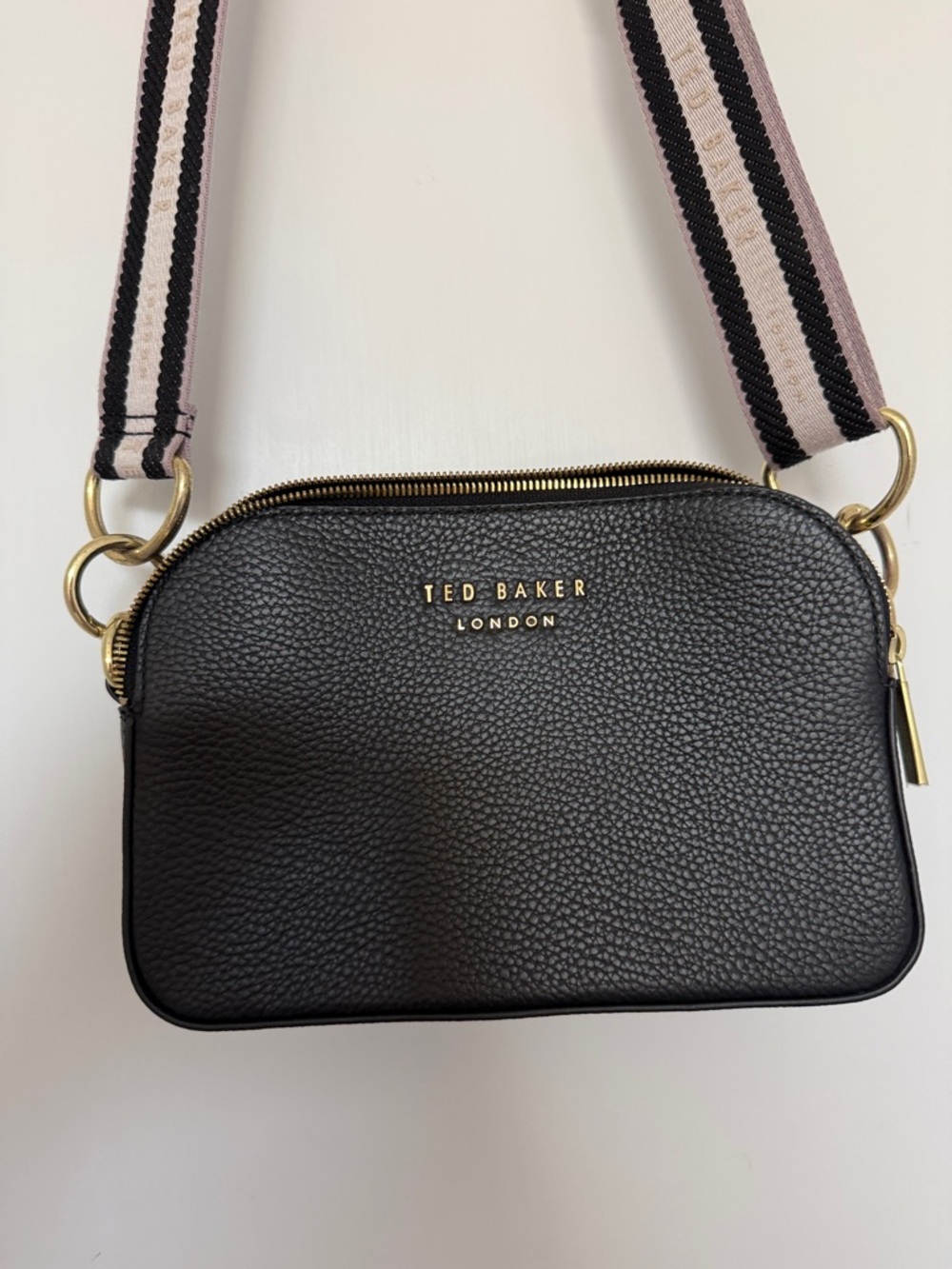 Ted Baker Black Pebbled Leather Crossbody with Pink and Black Striped Strap